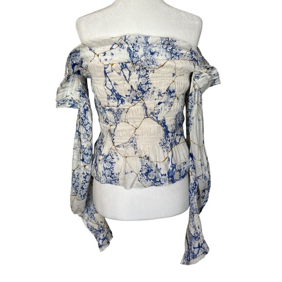All Saints Blue and White Off-Shoulder Blouse - Picture 8 of 16